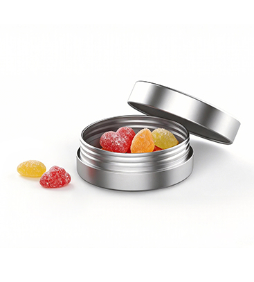 Child resistant metal tin packaging for cannabis edibles gummies and mints