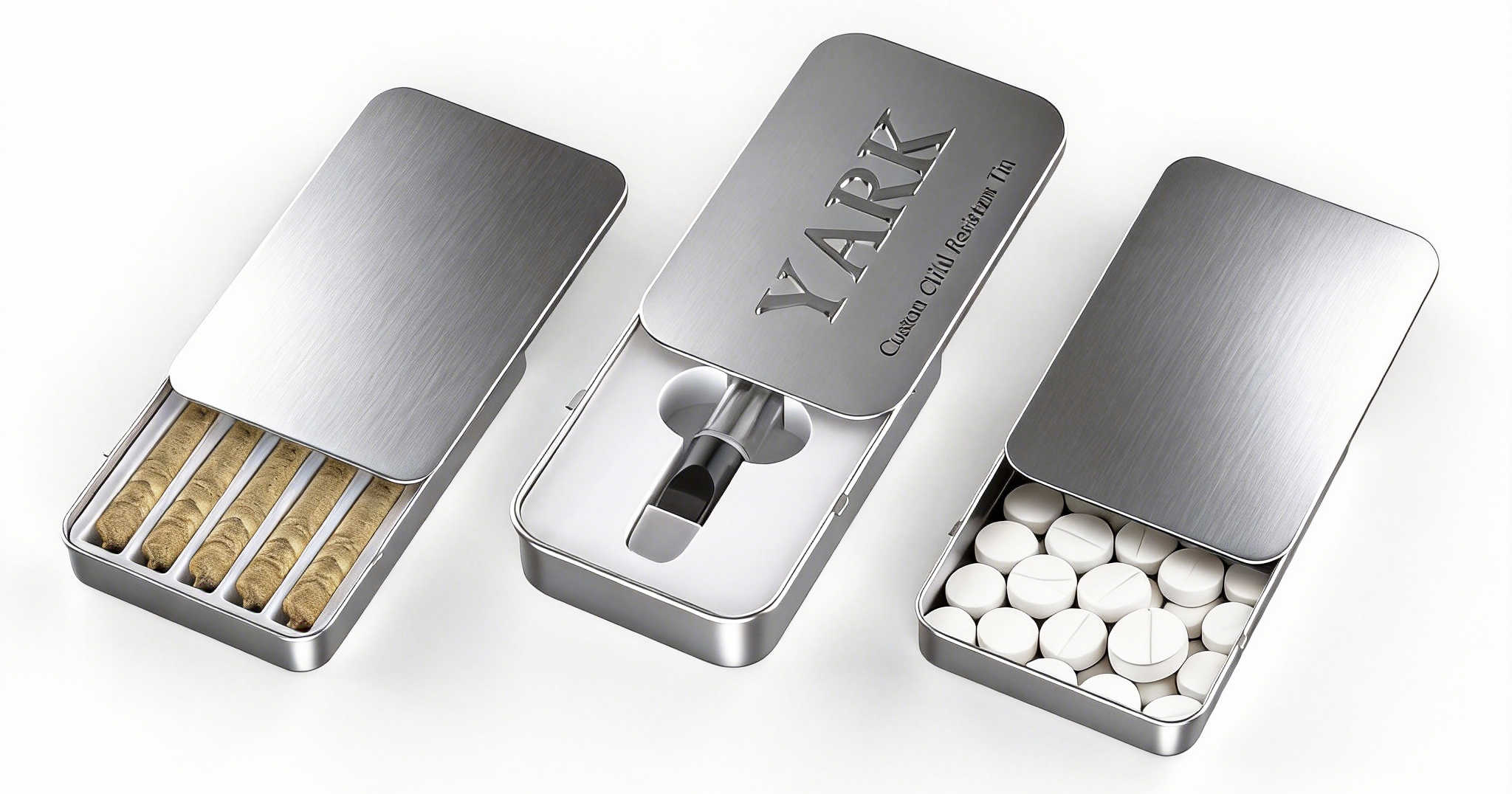 Common products packed in sliding tins: pre-rolls gummies mints small edibles