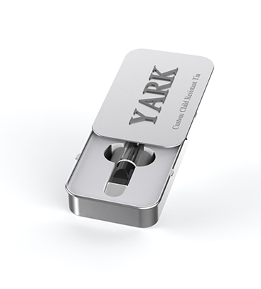 Child resistant tin packaging for cannabis vape cartridges and devices