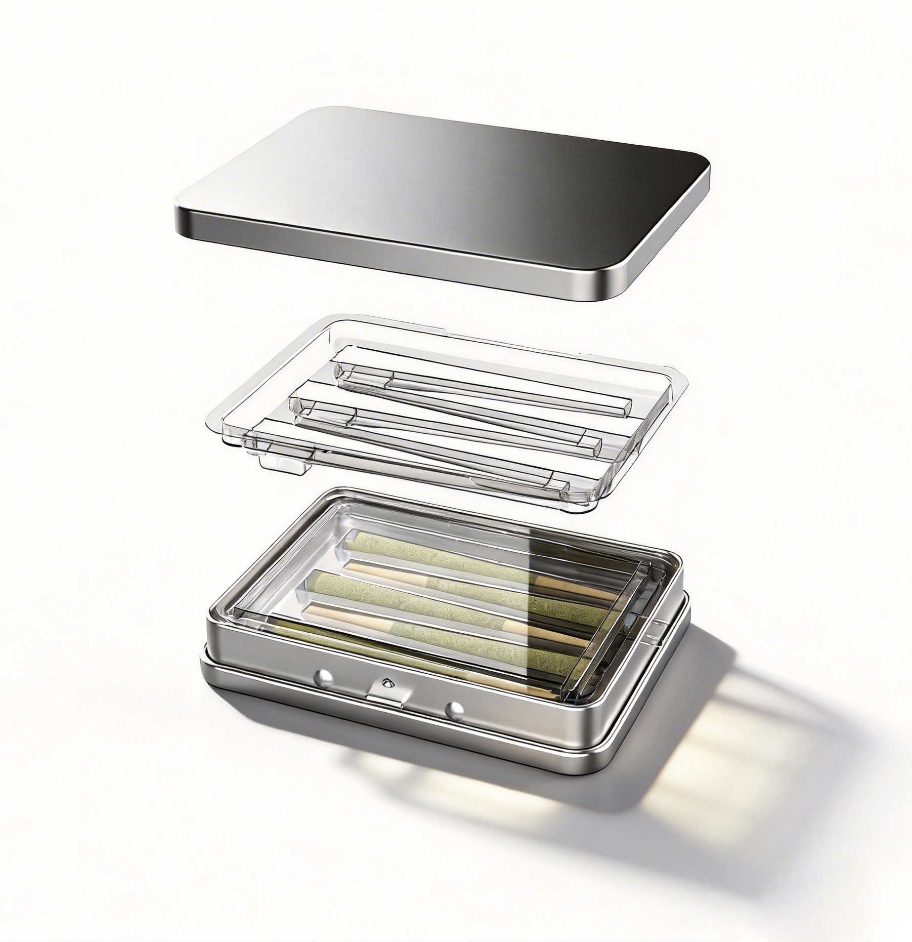 Exploded view of tin case with inner sealing tray and pre-roll cavities