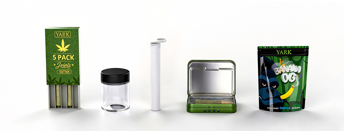 Material lineup: paper box, tin, glass tube, plastic tube, and mylar bag for pre-roll packaging
