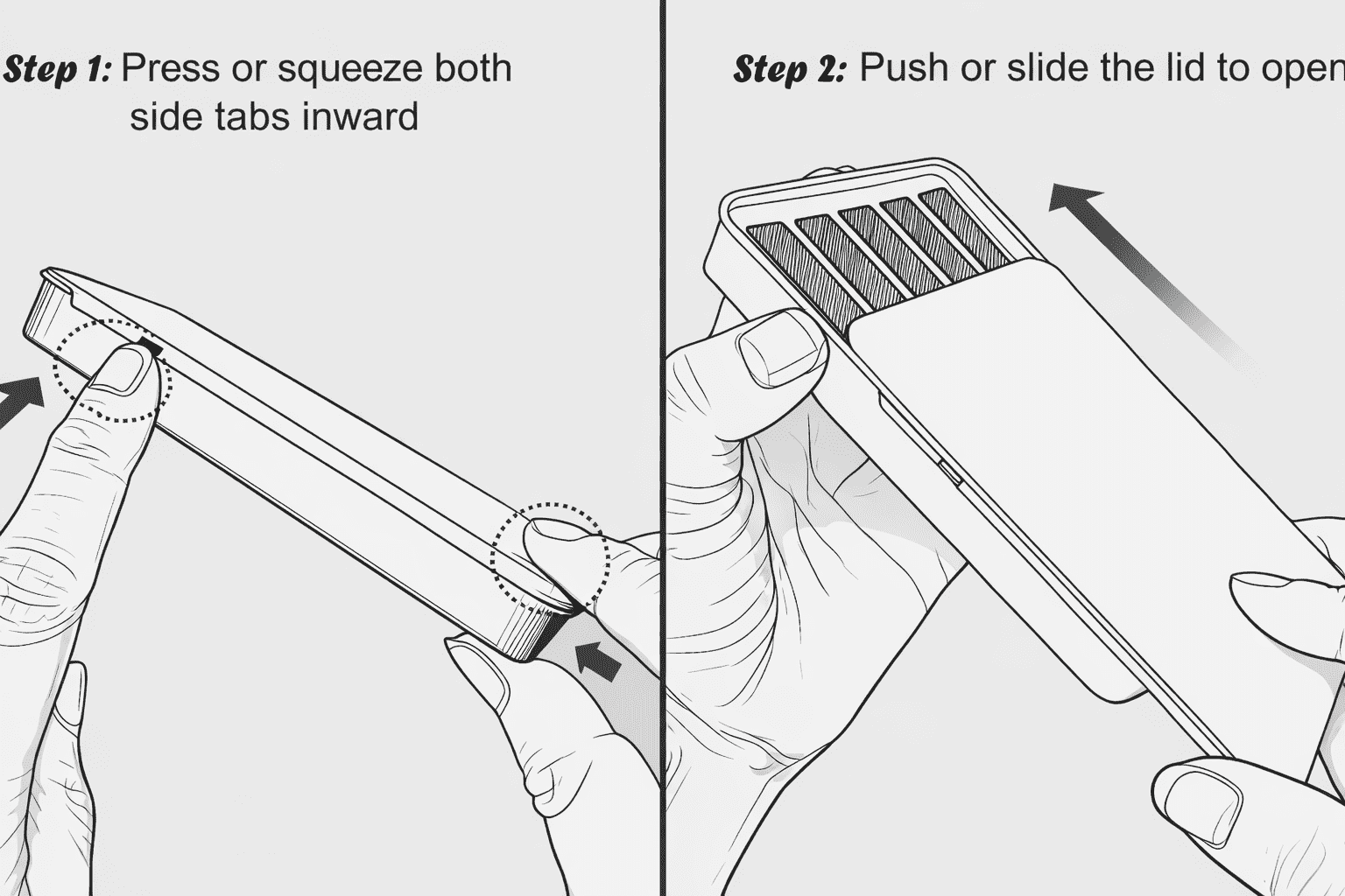 Press and slide opening steps for a child resistant sliding tin case