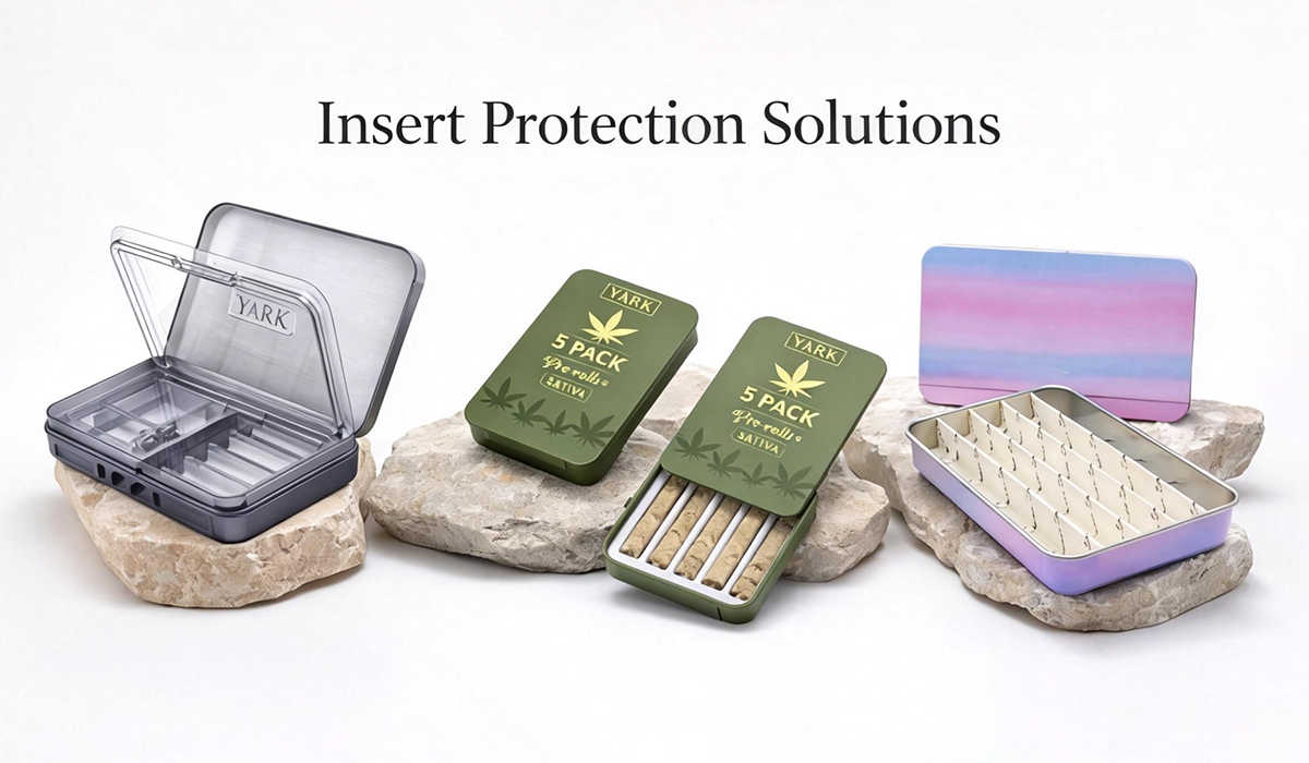 Insert protection solutions for cannabis packaging including CR tin cases with custom inserts to prevent bending and crushing