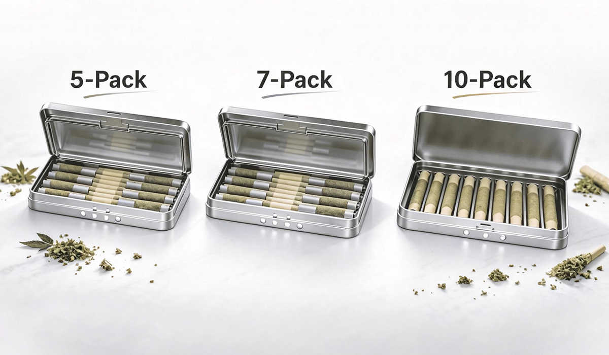 Popular pre-roll sizes and pack options showing 5-pack, 7-pack and 10-pack child resistant tin packaging