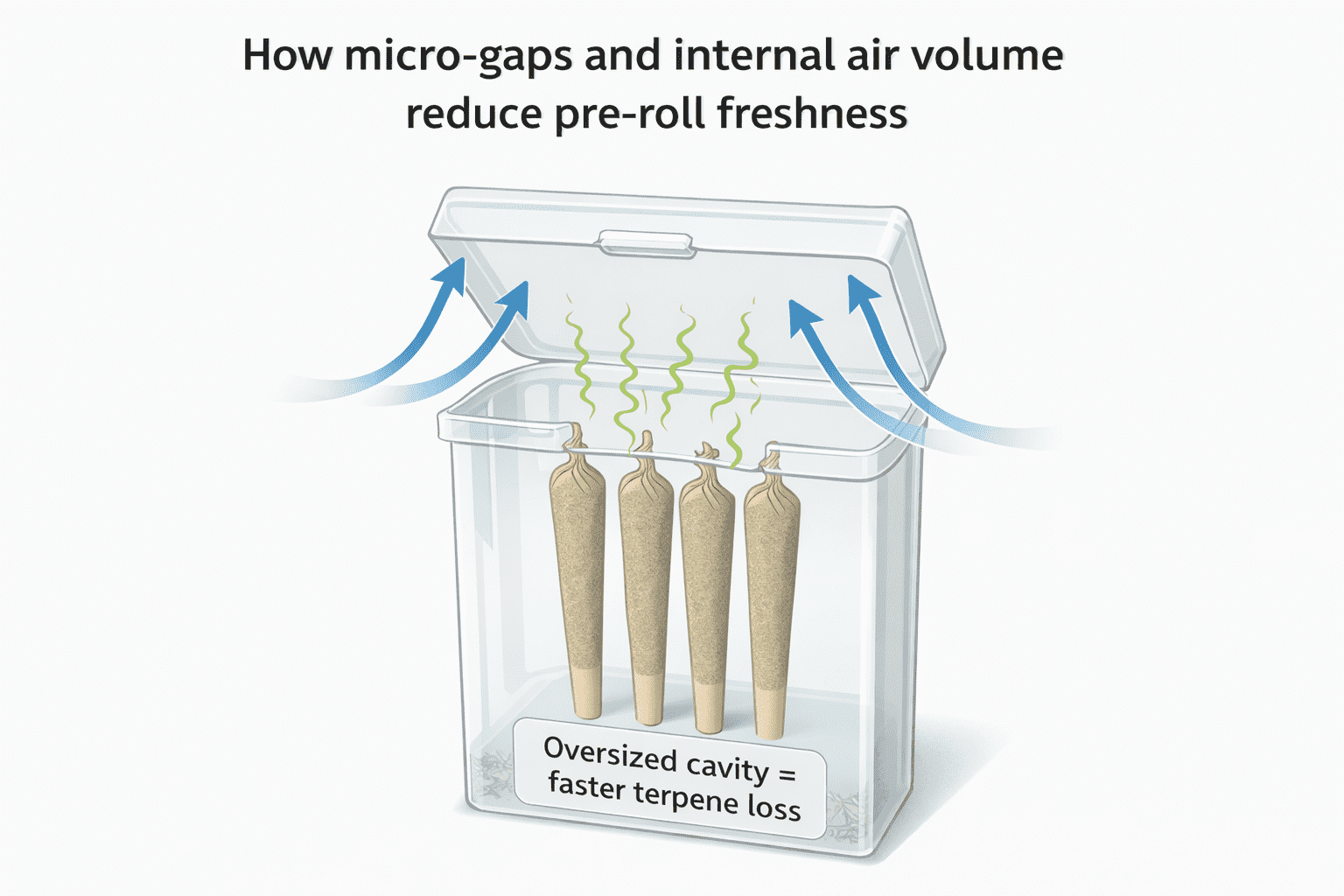 Diagram showing micro lid gaps and oversized cavity causing air exchange and faster terpene loss in pre-roll packaging