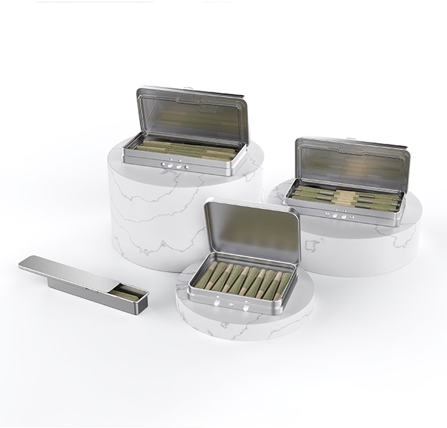 Child resistant tin case showing different multi-pack sizes for pre-rolls.