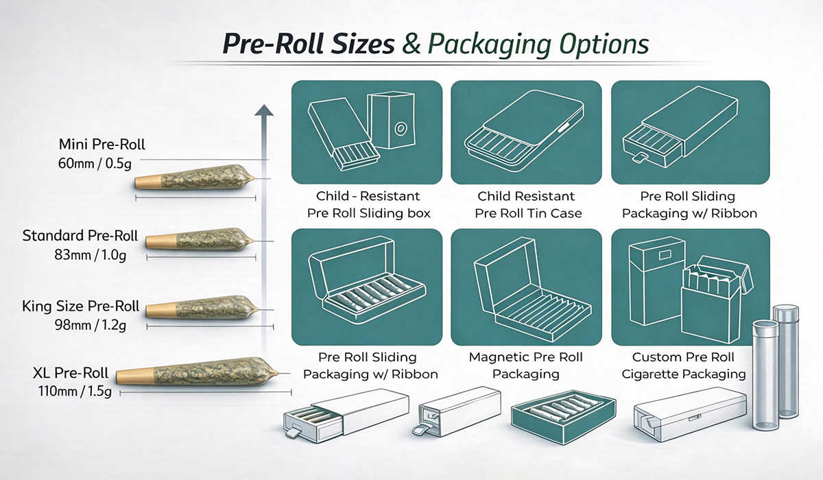 Pre-roll sizes and cannabis packaging options including child resistant boxes, tin cases and sliding packaging