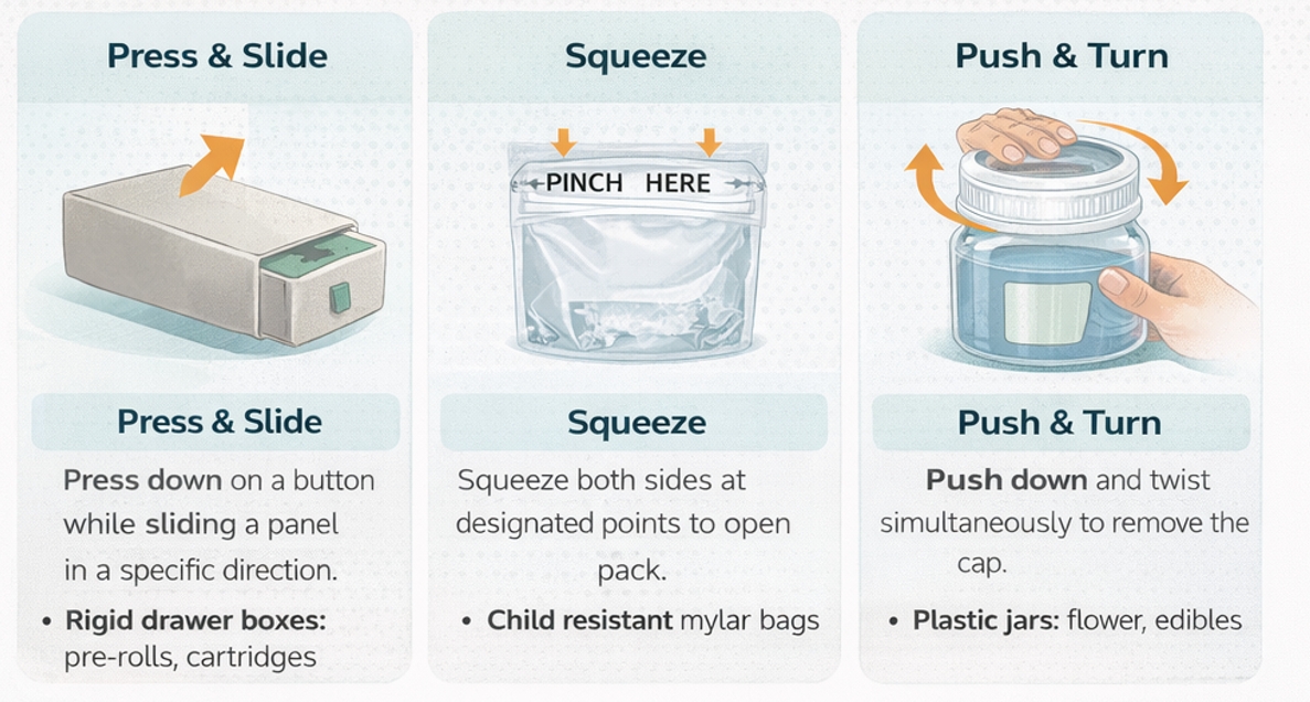 Child resistant packaging mechanism diagram showing press-and-slide, squeeze-and-open, and push-and-turn icons
