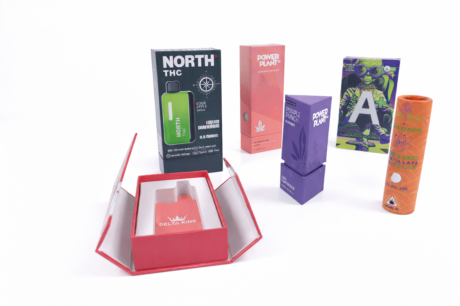 Custom cannabis vape cartridge packaging examples including folding cartons, rigid boxes, magnetic boxes and paper tubes for THC and CBD products