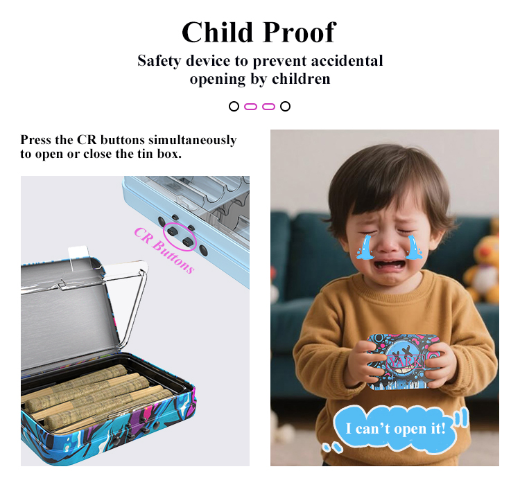 Child resistant mechanism demonstration showing a child cannot open the hinged tin case