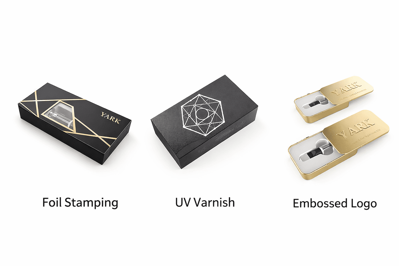Comparison of embossing foil stamping spot UV and soft touch coating on cannabis packaging