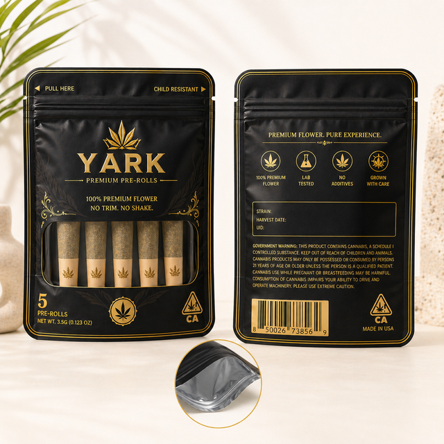 Custom Child Resistant Pre Roll Mylar Bag with Aluminum Barrier and Smell Proof Zipper