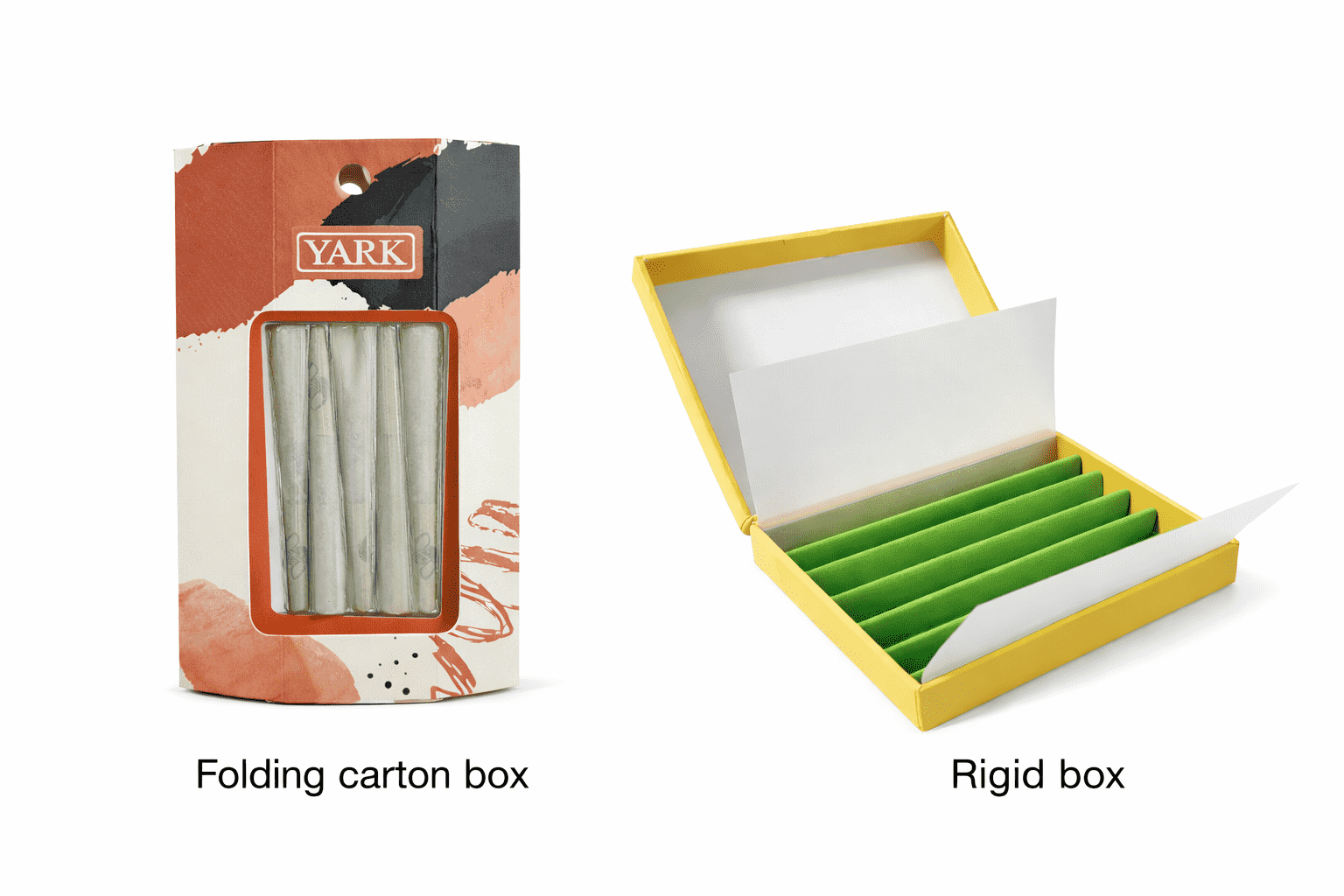 Pre-roll paper packaging examples including folding carton box and rigid box with insert
