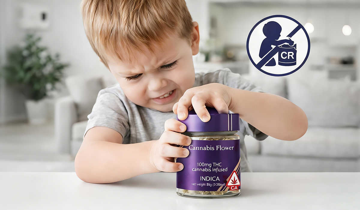 Child resistant packaging for cannabs flower