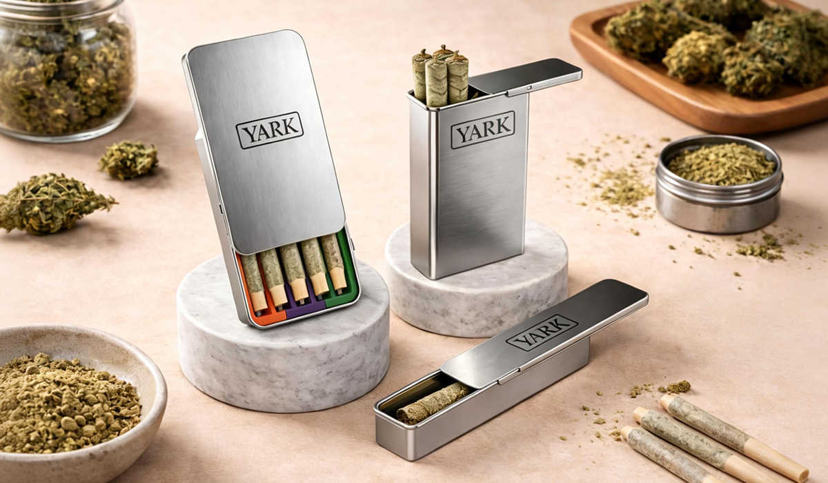 child resistant sliding tin case for pre-roll packaging with press and slide mechanism