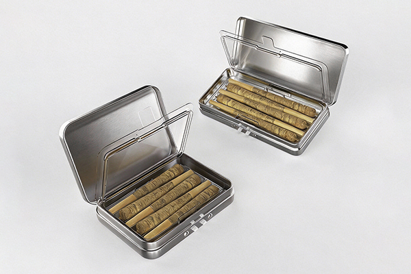 Child resistant hinged tin case with press-to-open flip lid for multi-pack pre-rolls