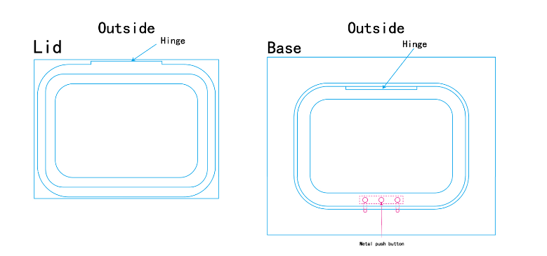 Hinged tin case dieline and engineering drawing showing dimensions hinge position and internal tray area for child resistant pre-roll tin packaging