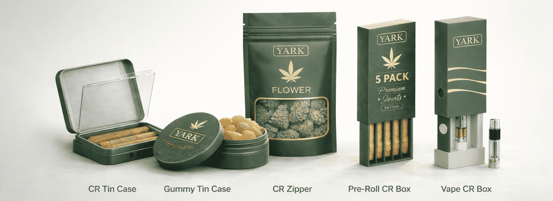 Custom cannabis packaging solutions including child resistant packaging, vape cartridge packaging and pre-roll packaging