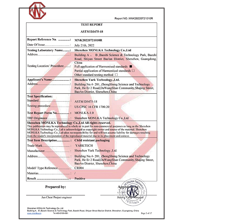 Child resistant packaging test report example document