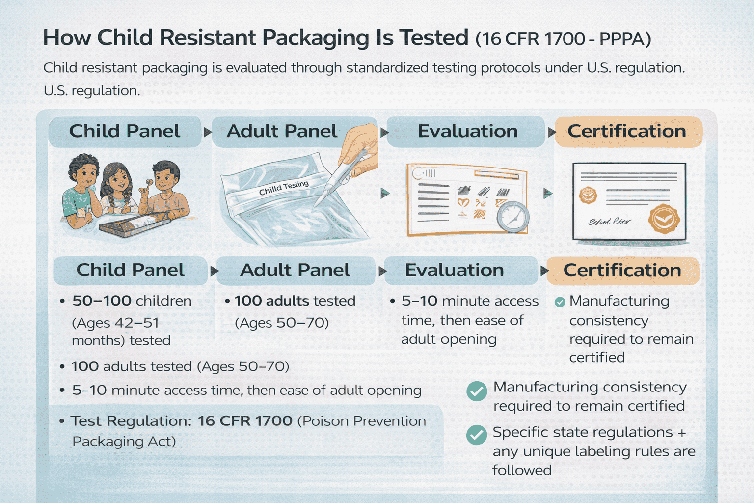 Child resistant packaging testing method overview showing child panel and adult panel evaluation process