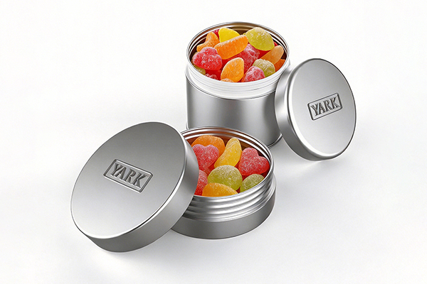 Child resistant round tin case with press and turn lid for edible packaging