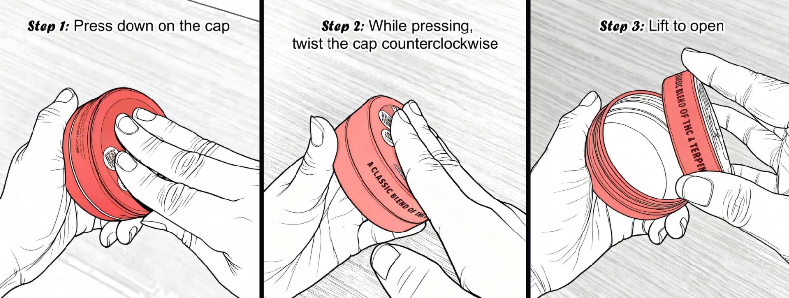 How to open a round child resistant tin - press and twist opening mechanism