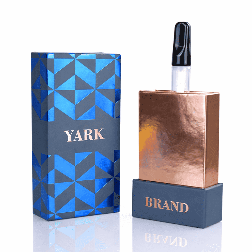 Close-up texture of embossed foil stamped and spot UV cannabis packaging finishes