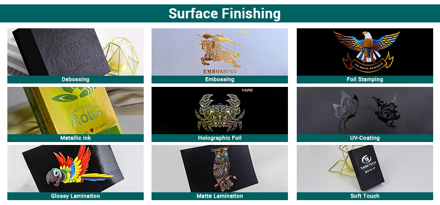 Decorative finishing techniques for cannabis packaging including embossing foil stamping spot UV and soft touch coating