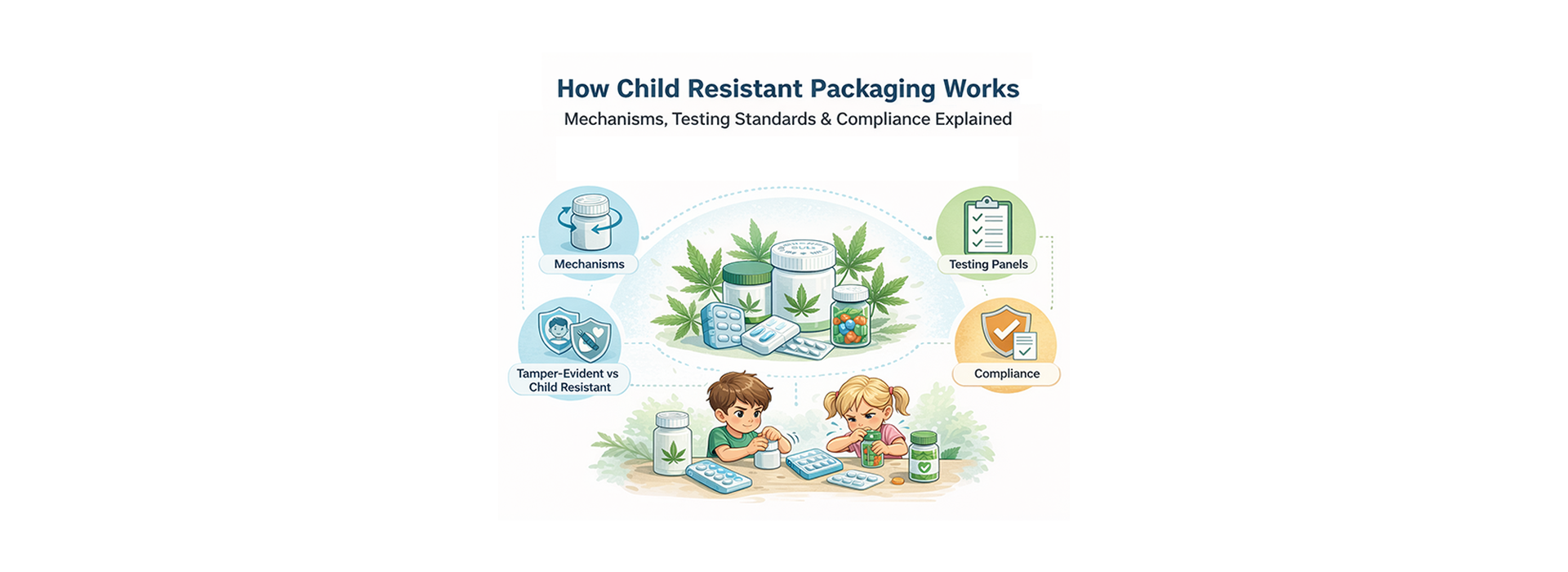 Illustration explaining how child resistant packaging works, including mechanisms, testing panels, compliance standards, and cannabis product containers