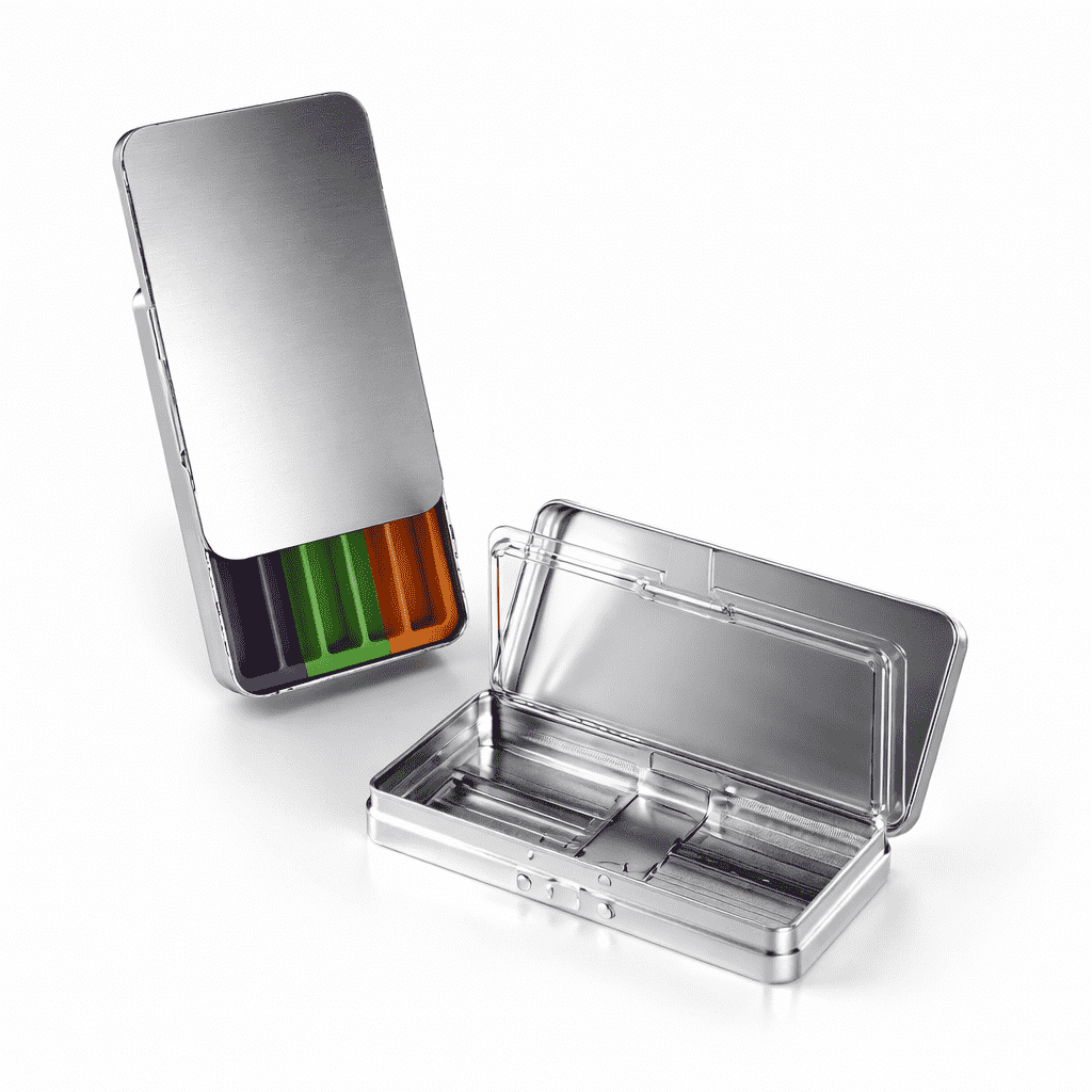 child resistant tin case packaging with press-and-slide locking mechanism for cannabis products