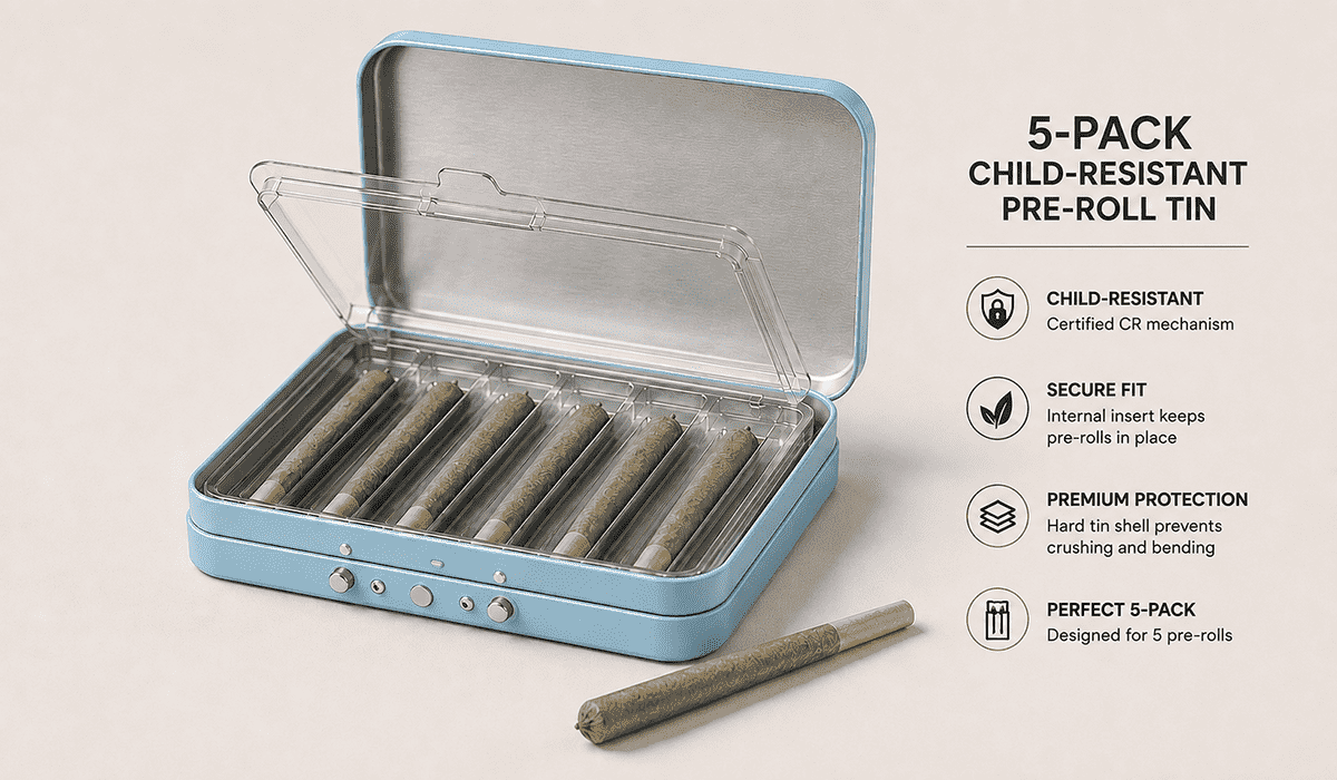  Multi pack CR pre-roll tin showing tin shell + realistic pre-rolls + internal blister/paperboard insert