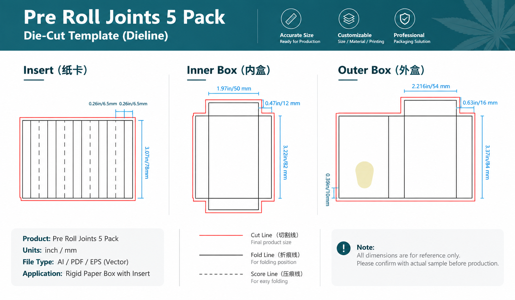 custom pre-roll box dieline designed according to pre-roll joint size and pack count