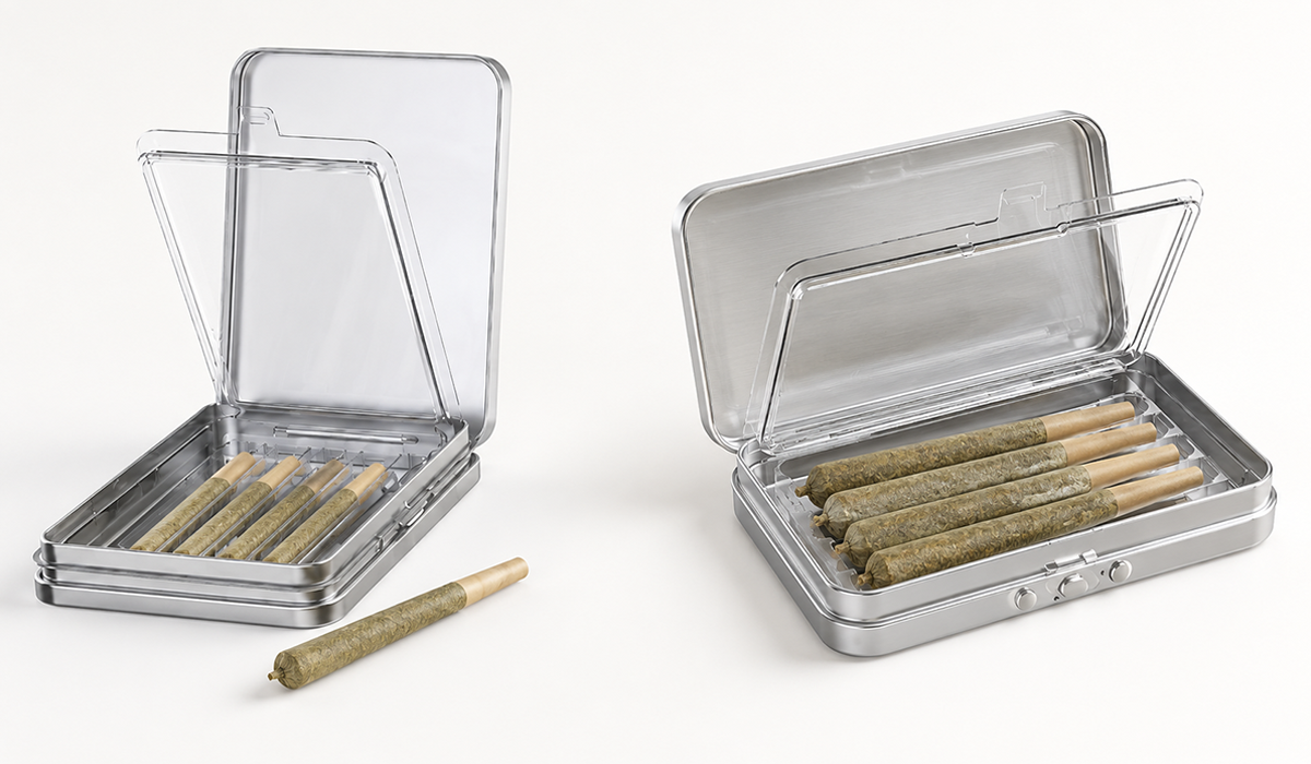 Square child-resistant tins with fitted inserts for pre-rolls and vape devices